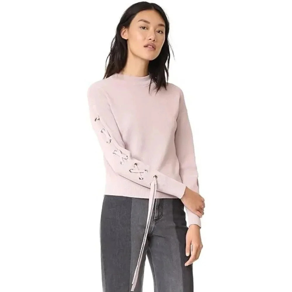 JOA Light Dusty Pink Ribbed Tie Sleeve Crewneck Sweater L